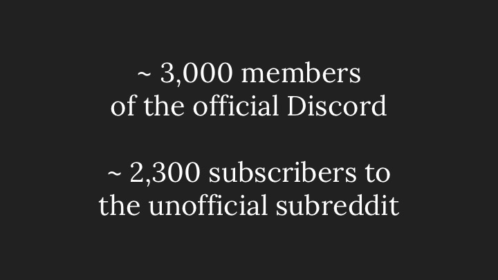 ~ 3,000 members of the official Discord. ~ 2,300 subscribers to the unofficial subreddit